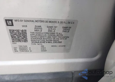 2019 Chevrolet Equinox Ls из США, поврежденный, VIN 3GNAXHEV4KL195360